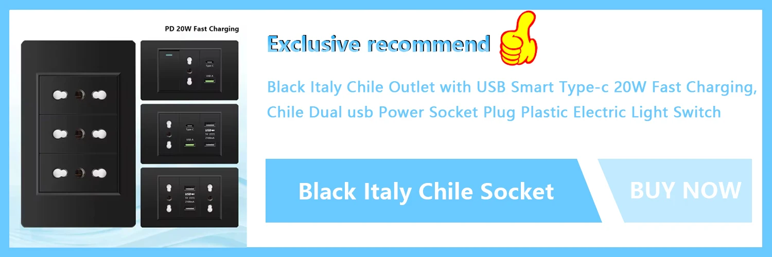 Italy Chile  Standard Outlet with USB Smart Type-c 20W Fast Charging, Dual USB Wall Socket Chile Plug Plastic Panel Light Switch