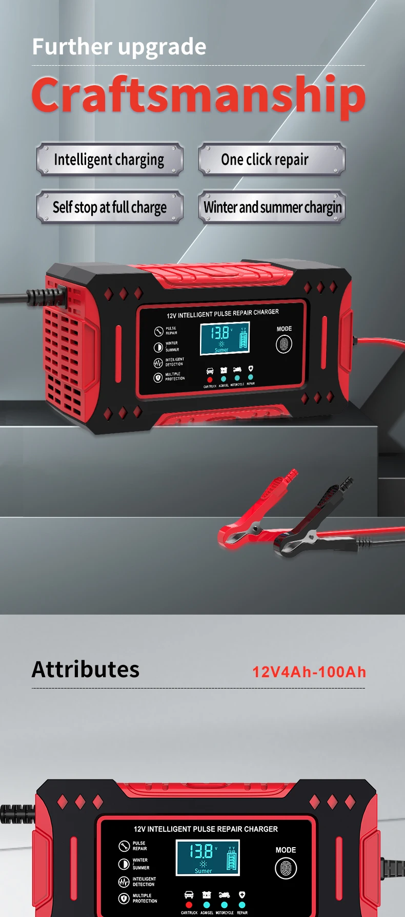6A 12V Intelligent Car Battery Charger Car and Motorcycle Battery Charging Unit Lead-Acid Battery Repair LCD Display