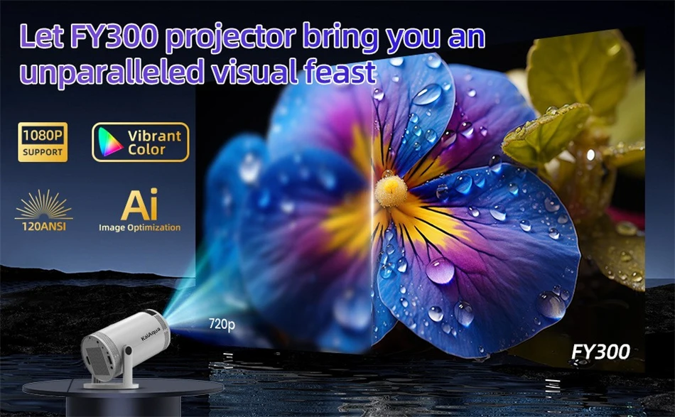 KaiAqua Portable Projector FY300 4K HDMI Dual Wifi6 Allwinner H713 BT5.4 1080P 1280*720P Home Cinema Outdoor Projetor NEW 2025