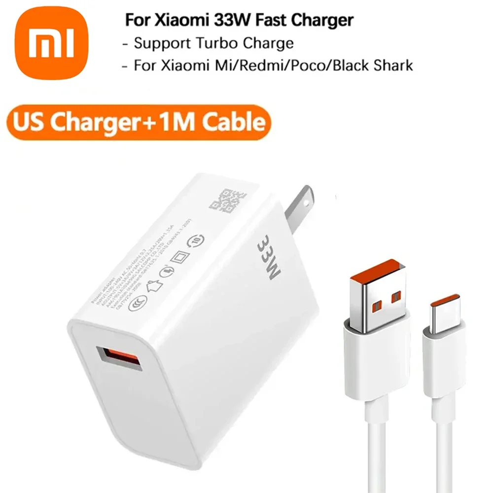Xiaomi 33W Charger 6A Quick Charging QC 3.0 Fast Turbo Charge Mobile Phone Charger Adapter USB Type C Cable For Samsung Xiaomi