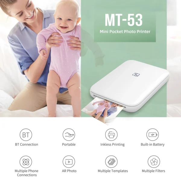 MT53 Portable Color Photo Printer Handheld Pocket Printer 313Dpi 2X3 inch Sticky-backed Photo Paper Printing Machine For Home