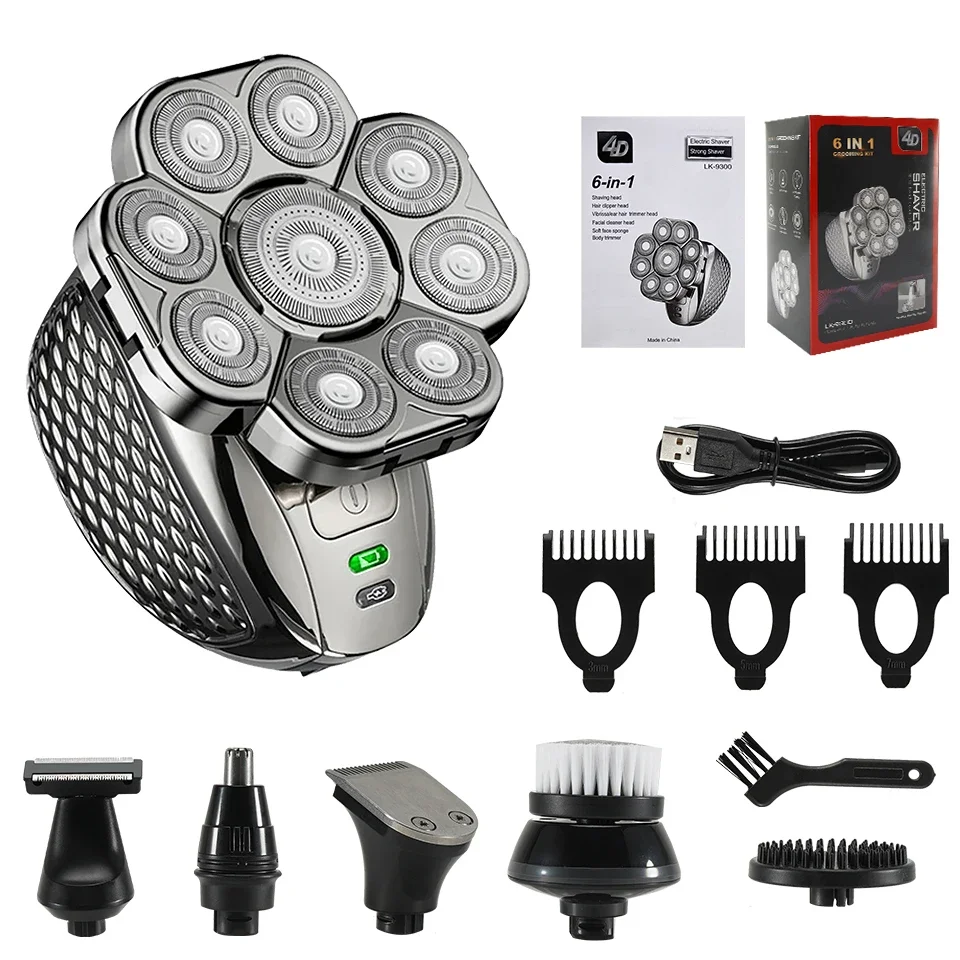 6 in 1 Professional men Waterproof electric shaver with 9 Cutter Floating Head, USB Rechargeable Multifunction Grooming Kit