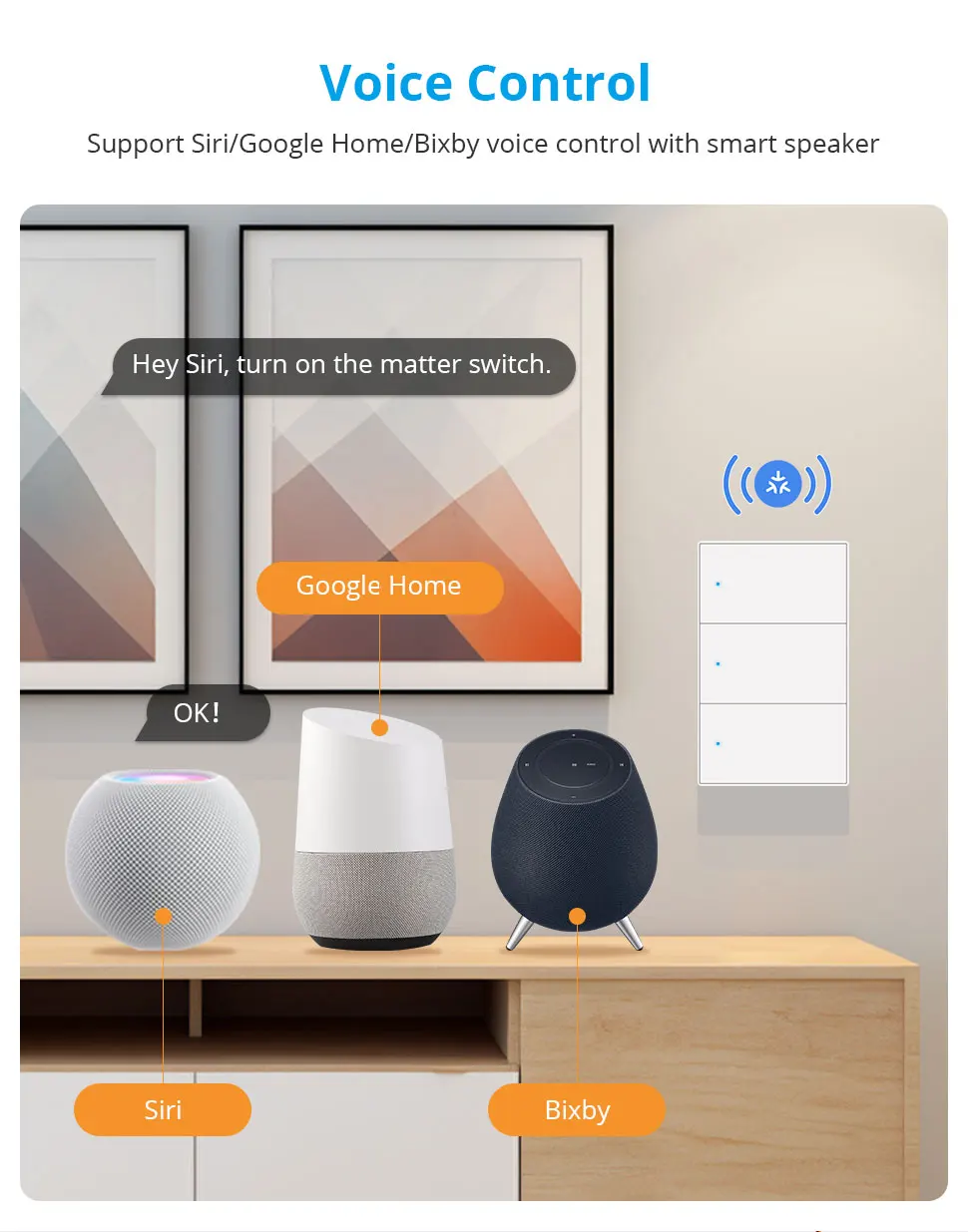 Zemismart Matter WiFi 1 2 3 4 6 Gangs Smart Wall Light Switch Neutral Required with Big Button SmartThings App Homekit Control