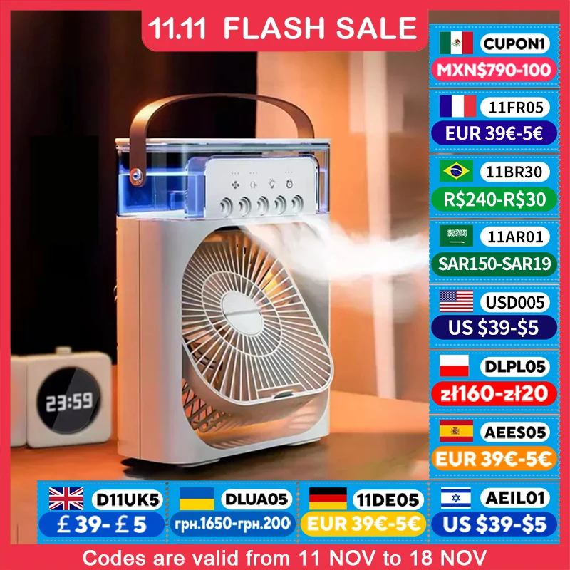 Sd9456d24b0494cfe828884e5bd48d7afM-1.webp 3 In 1 Portable Humidifier Fan Mini Air Conditioners USB Mini fan LED Night Light Water Mist Fun Air Cooler Humidifie For Home