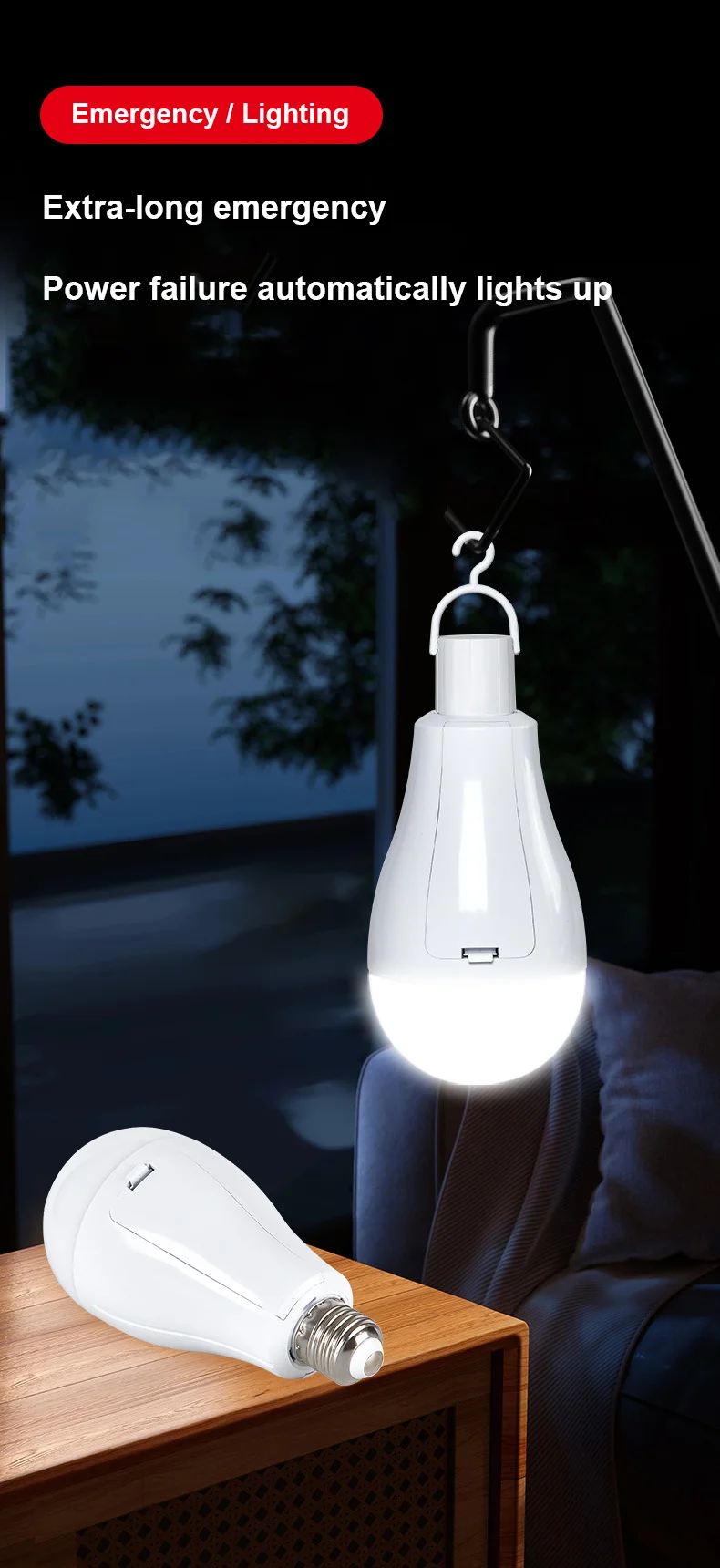 LED Emergency Bulb Emergency Power Failure Family Camping Outdoor Night Market E27 AC85-265V 1*18650 Battery Smart Charging Chip