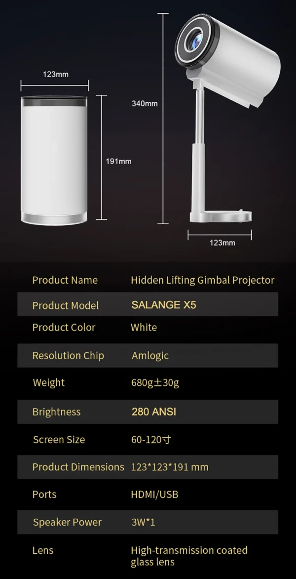 Salange X5 Mini Projector with Built-in Adjustable Stand Physical 720P Support 1080P Android Smart Beamer with Wifi Bluetooth