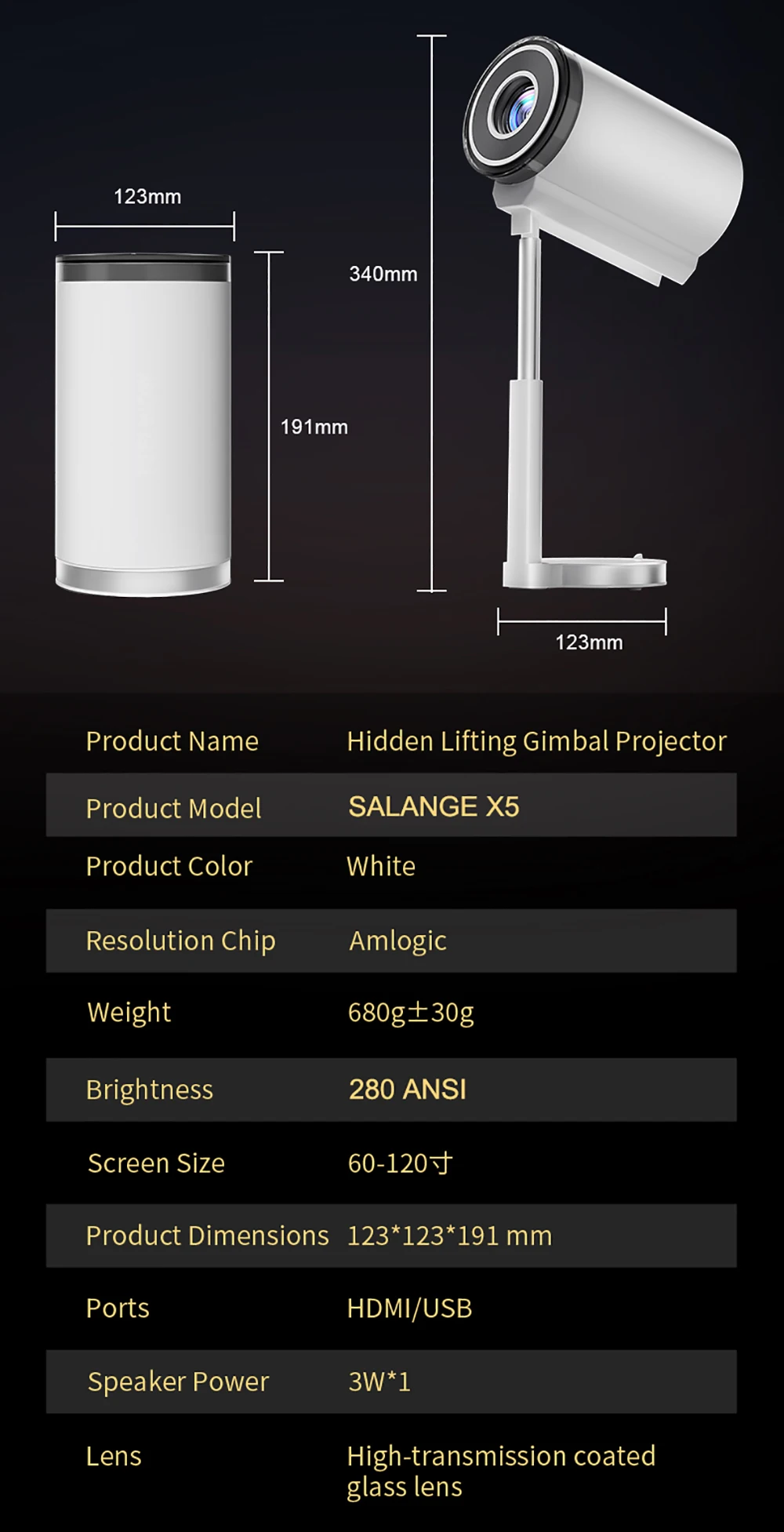 Salange X5 Mini Projector with Built-in Adjustable Stand Physical 720P Support 1080P Android Smart Beamer with Wifi Bluetooth