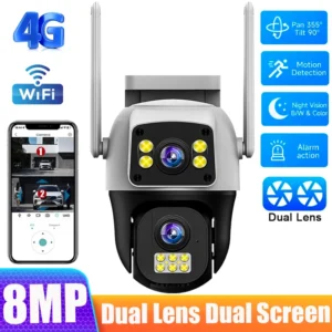 Sdf1db8c8b8594e259cbd03393f627a19p-1.webp 8MP 4G Sim Card Camera Dual Lens Dual Screen Wireless WiFi Outdoor Surveillance Human Detect Security Protection PTZ IP Cameras