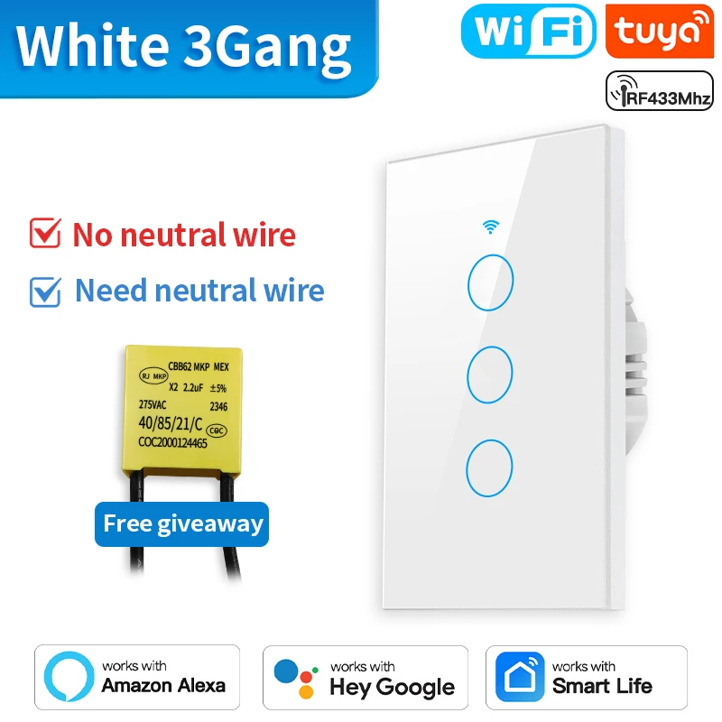 TNCE Tuya US Switch wifi zigbee,rf433 switches, No-Neutral/Wire LED light control Wall Button,smart voice with Alexa Google Home
