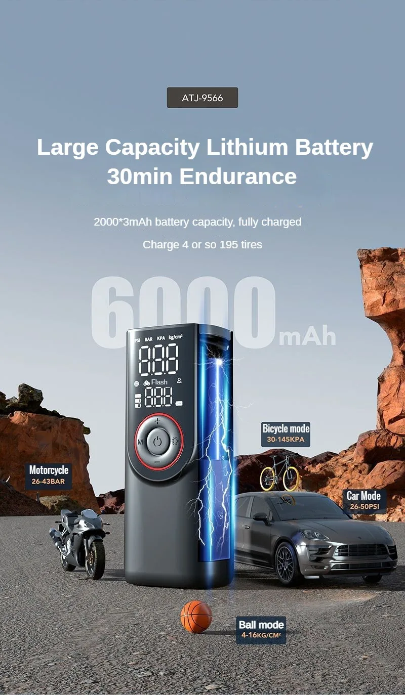 Wireless Tire Inflator Pump 6000mAh Electric Portable Car Air Compressor Fast Inflate Air Pump for Moto Bike Car Tyre Balls