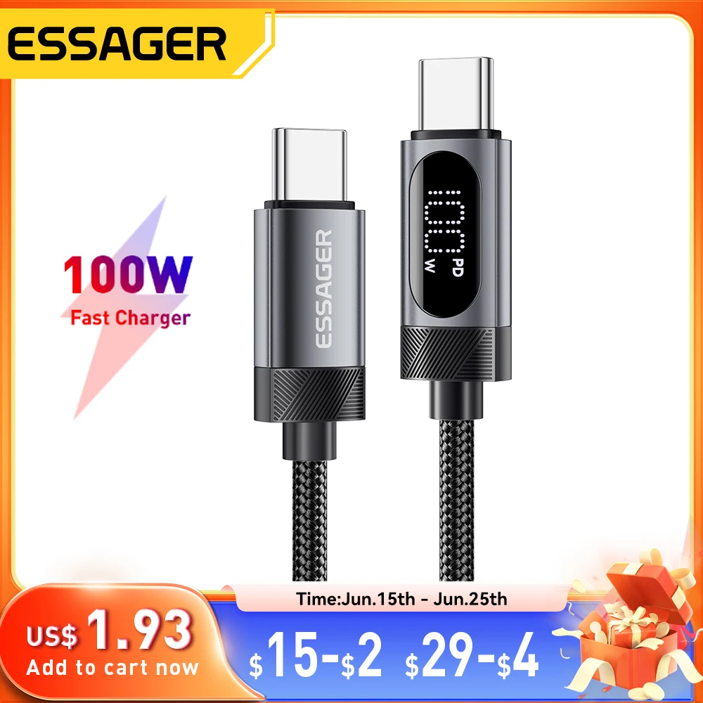 Essager Digital Dispaly USB C Cable For iPhone 16 15 Xiaomi Huawei 100W PD Fast Charging For Macbook iPad Type C to Type C Cable