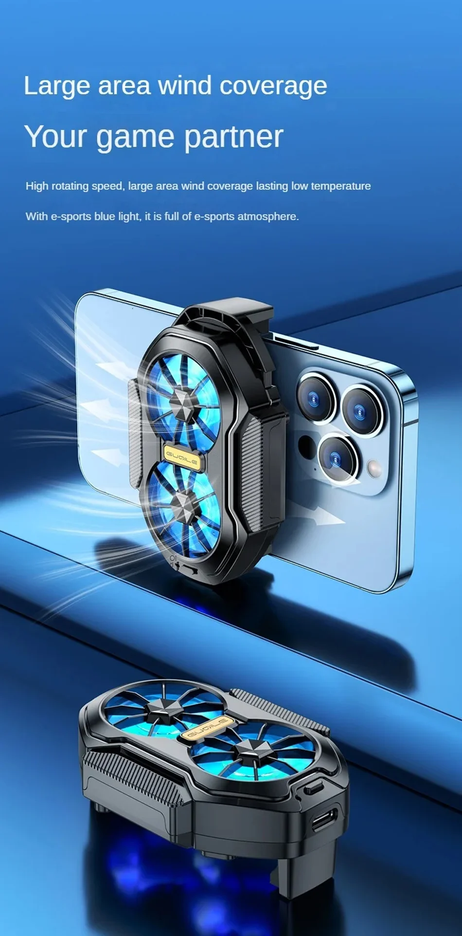 FS01 Dual Fan  Mobile Phone Cooler Long Lasting Stronger Cooling  Air Cooling Rechargeable Portable Type-C for IOS Android Game