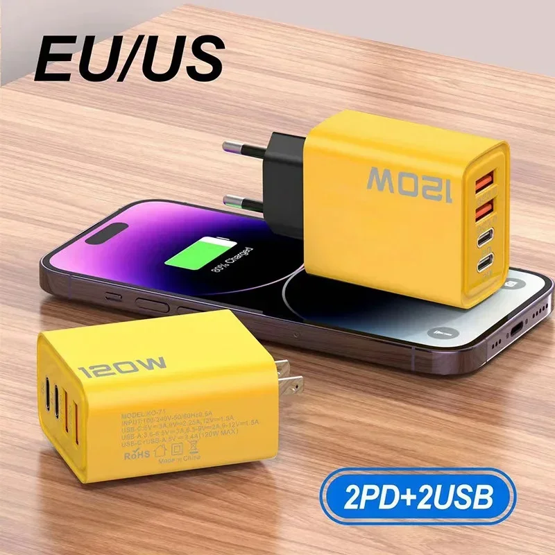 120W 3.0 USB fast phone charger type C quick charge charging adapter for iPhone 15 14 13 Samsung Xiaomi 2 PD 4 ports EU/US plug