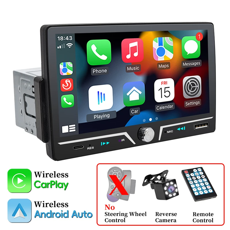 Hippcron Car Radio 1 Din Wireless Android Auto Carplay MP5 Stereo 7" IPS Screen Bluetooth Mirror Link Type-C Charging Universal