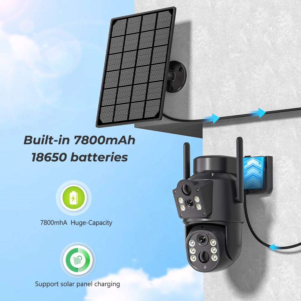 4K HD Solar WiFi Camera Outdoor Built-in Battery Dual Lens 2K Security Camera Solar Panel Wireless Video Surveillance CCTV iCSee