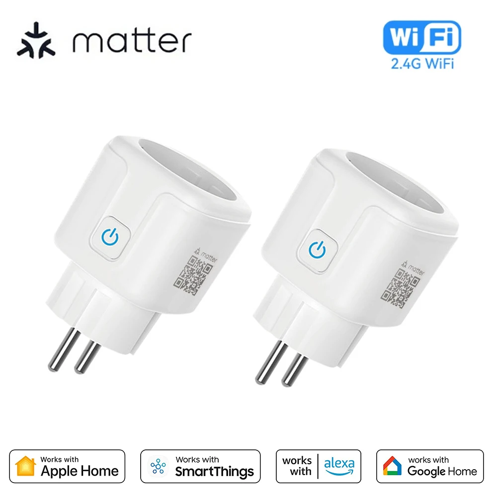 Matter WiFi Smart Socket 16A EU Home Appliance Outlet Mini Smart Plug Adapter APP Control Works with HomeKit Siri Alexa Google