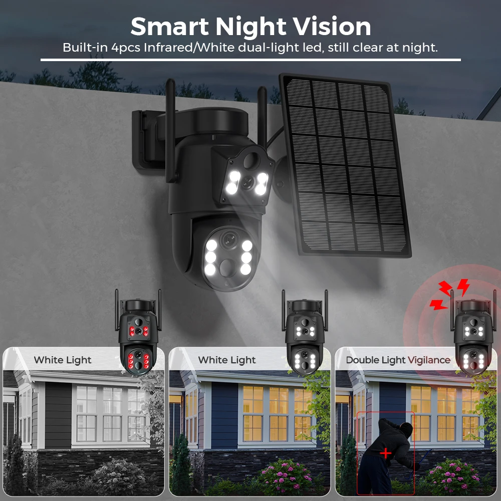 4K HD Solar WiFi Camera Outdoor Built-in Battery Dual Lens 2K Security Camera Solar Panel Wireless Video Surveillance CCTV iCSee
