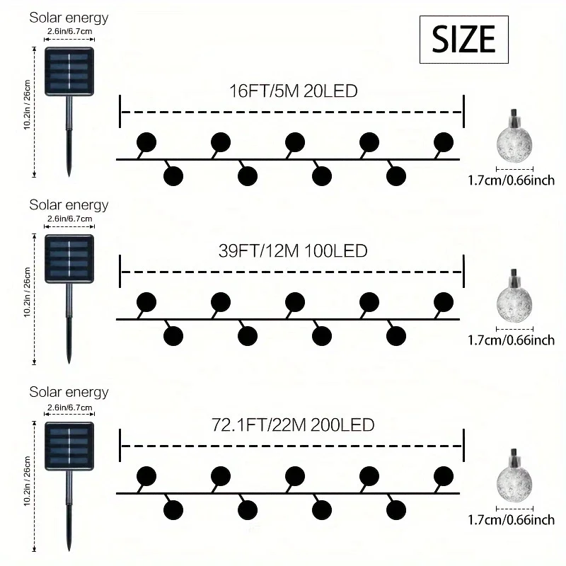 1pack 20/100/200 LED Crystal Globe Solar String Lights, Solar Outdoor Lights, With 8 Lighting Modes, Halloween Decorations Light