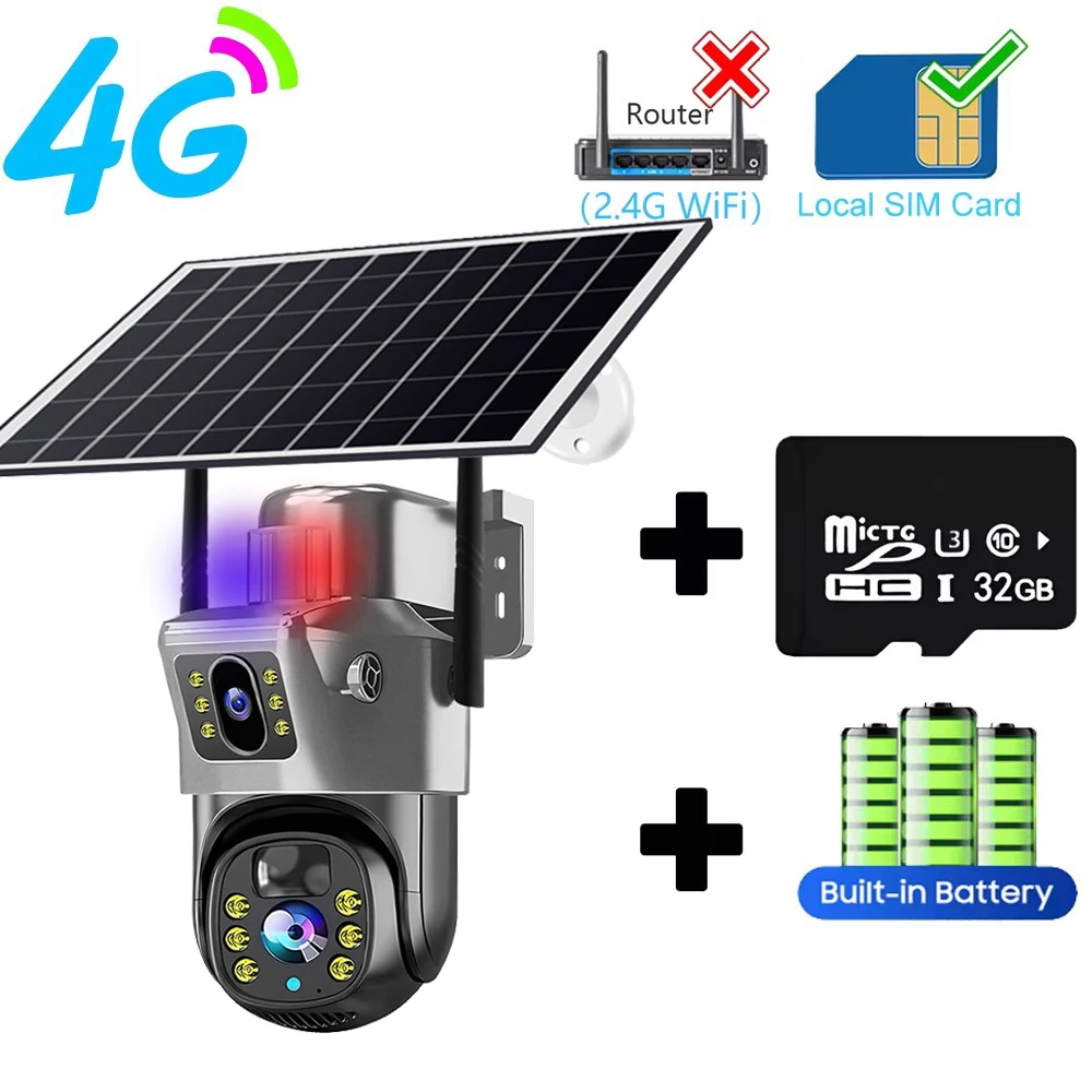 4G Solar Camera 2 Lens CCTV Camera 4K 8MP HD Night Vsion Wirless WiFi Camera Outdoor Security Protection Smart Home IP Cameras