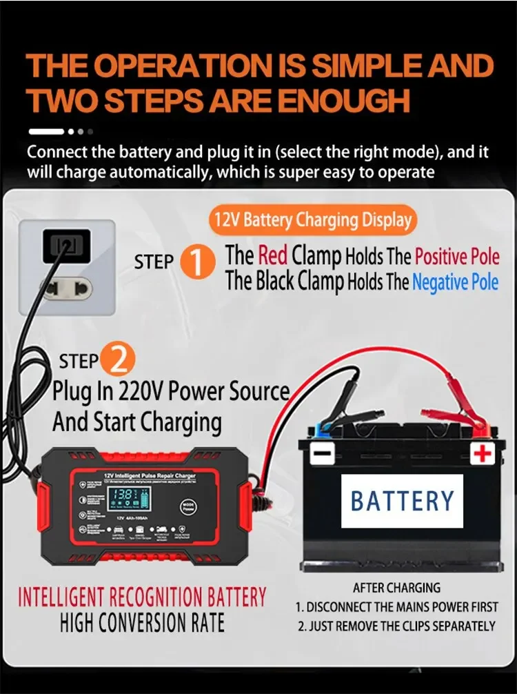 Car Battery Charger 12V Pulse Repair LCD Display Smart Fast Charge AGM Deep Cycle GEL Lead-Acid Charger For Auto Motorcycle