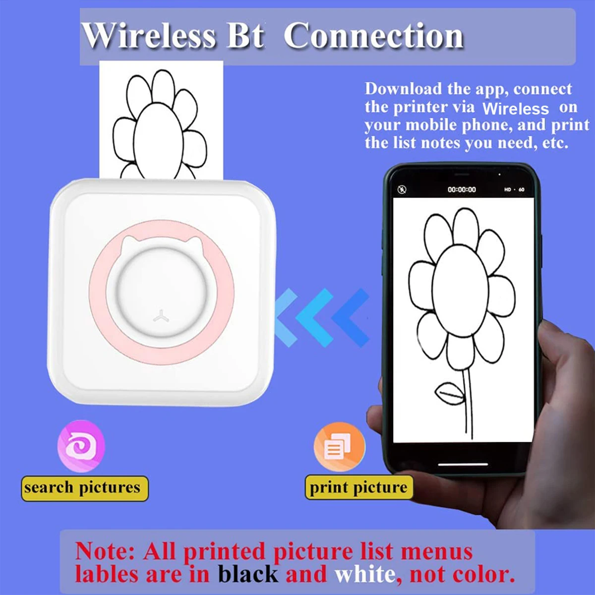 Portable Mini printer,thermal pocket Label  printer, for Android or IOS APP, inkless sticker printer, suitable for home, office