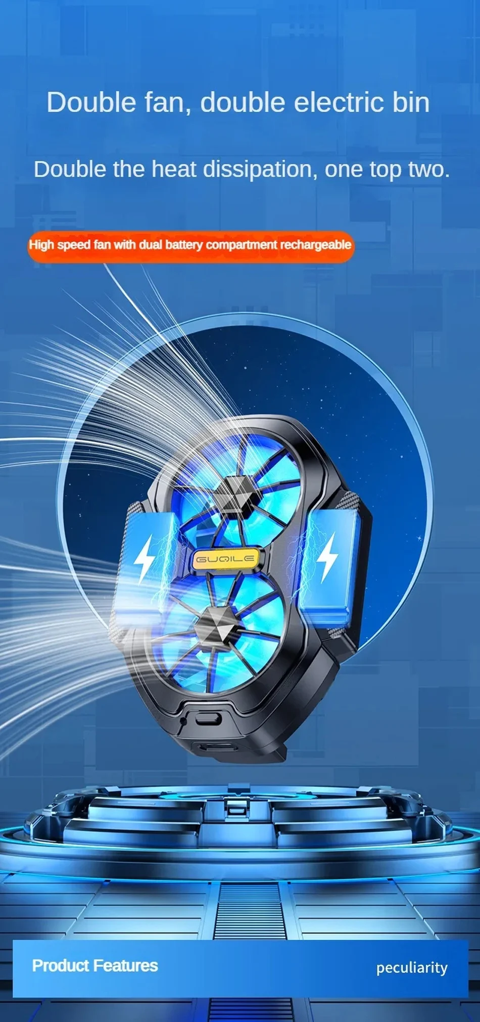 FS01 Dual Fan  Mobile Phone Cooler Long Lasting Stronger Cooling  Air Cooling Rechargeable Portable Type-C for IOS Android Game