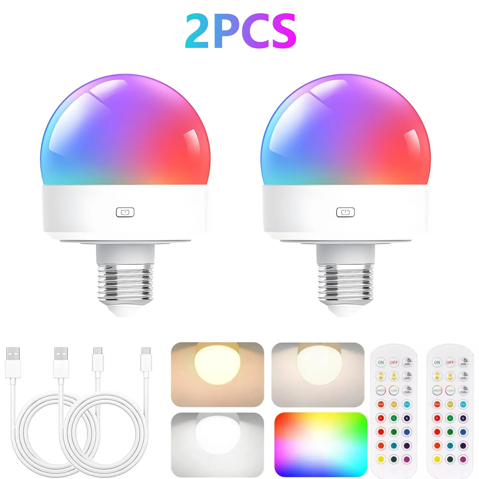 2PCS Rechargeable Light Bulbs Remote Control Battery Operated Light Bulb with Timer, Dimmable, 3 Color Temperatures