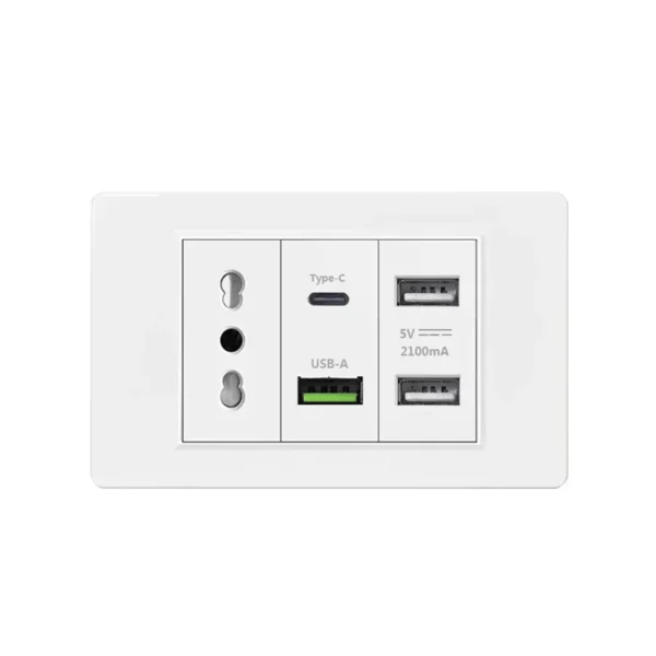 Italy Chile  Standard Outlet with USB Smart Type-c 20W Fast Charging, Dual USB Wall Socket Chile Plug Plastic Panel Light Switch