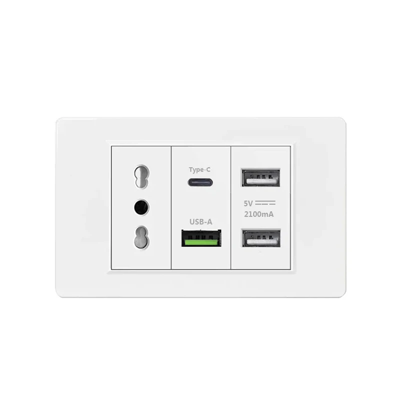 Italy Chile  Standard Outlet with USB Smart Type-c 20W Fast Charging, Dual USB Wall Socket Chile Plug Plastic Panel Light Switch