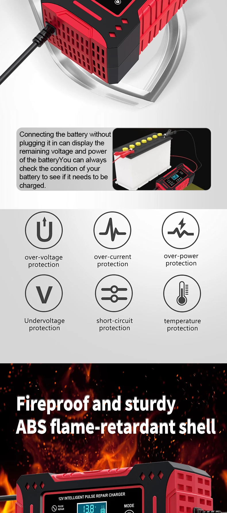 6A 12V Intelligent Car Battery Charger Car and Motorcycle Battery Charging Unit Lead-Acid Battery Repair LCD Display
