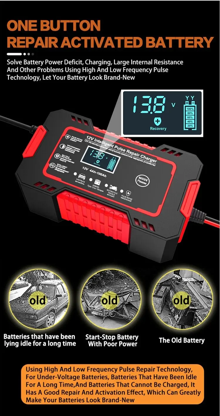 Car Battery Charger 12V Pulse Repair LCD Display Smart Fast Charge AGM Deep Cycle GEL Lead-Acid Charger For Auto Motorcycle