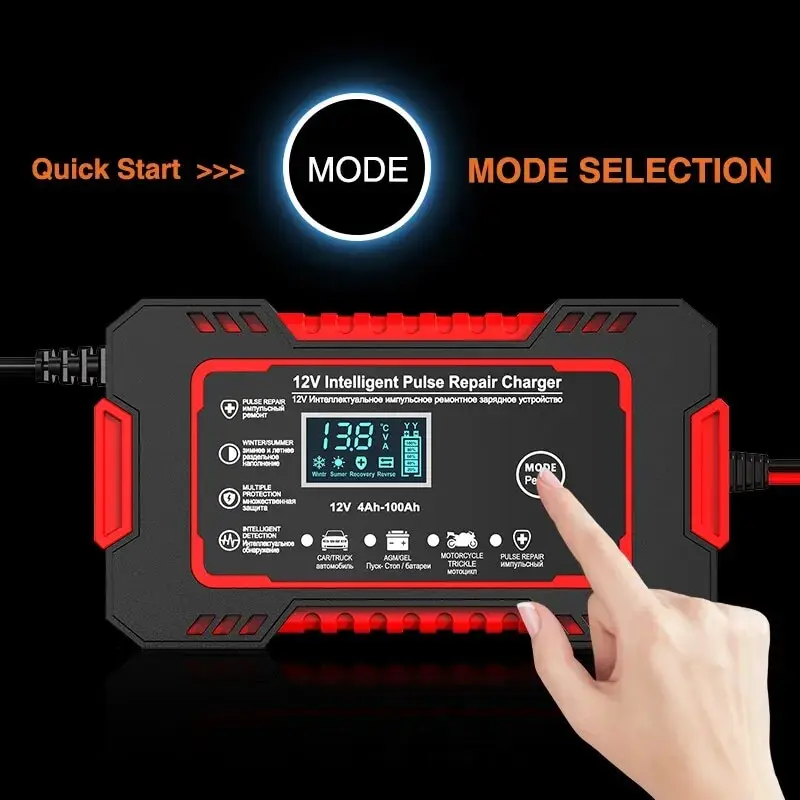 Car Battery Charger 12V Pulse Repair LCD Display Smart Fast Charge AGM Deep Cycle GEL Lead-Acid Charger For Auto Motorcycle