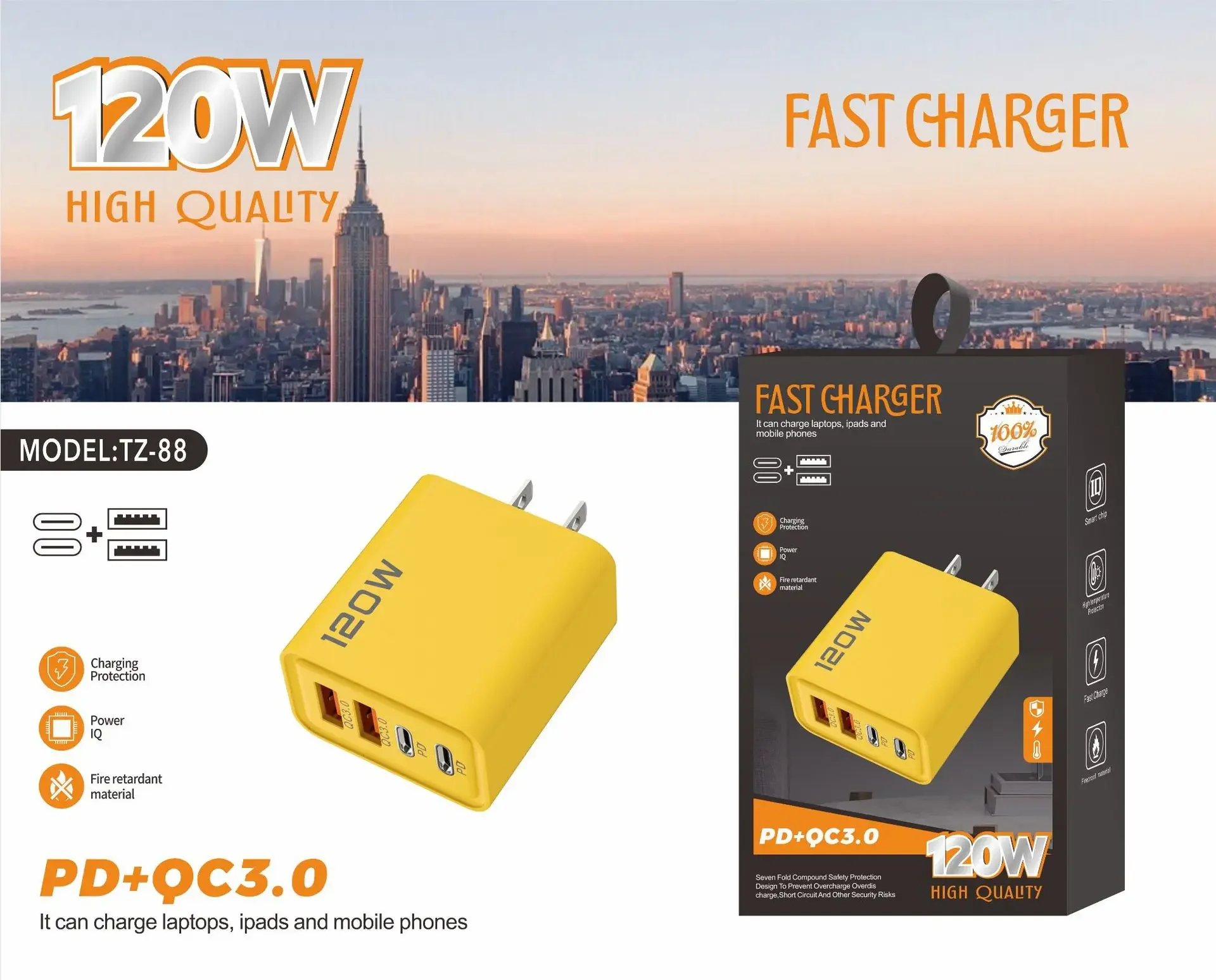 120W 3.0 USB fast phone charger type C quick charge charging adapter for iPhone 15 14 13 Samsung Xiaomi 2 PD 4 ports EU/US plug