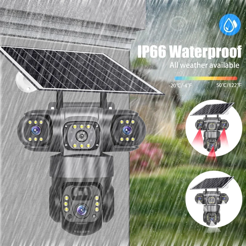 Solar Camera 4G Sim Outdoor 3 Lens 3 Screen 10X Zoom PIR Human Detect Cameras Waterproof Night Vision CCTV Security Protection