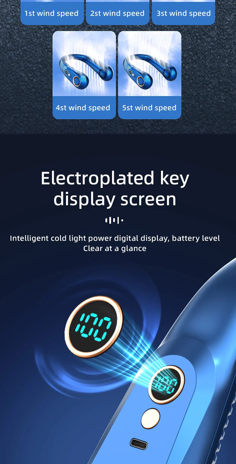 New 3000mA Portable Mini Hanging Neck Fan Bladeless Neckband Fan Digital Display Power Air Cooler USB Rechargeable Electric Fans