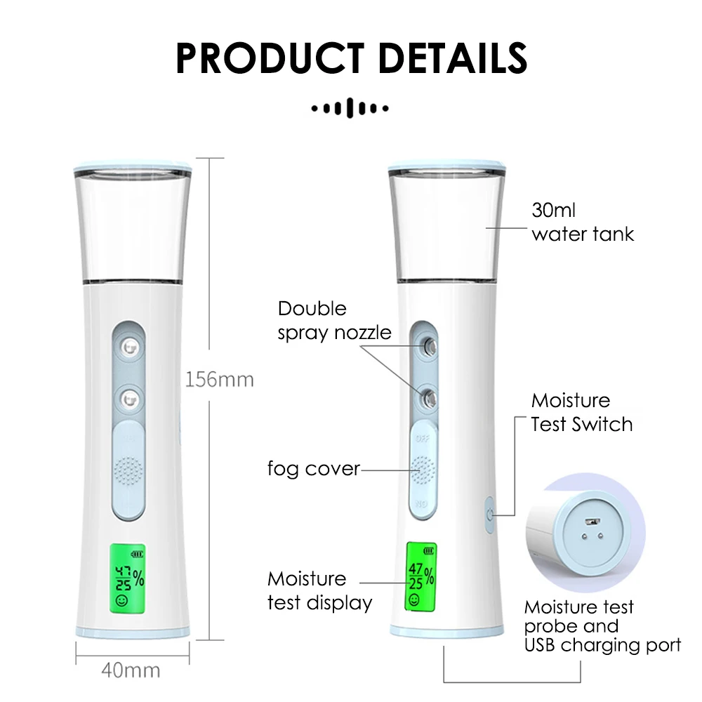 Double Spray-head Nano Mist Sprayer Mini Hydrating Humidifier Skin Care LED Display Portable Facial Steamer Handheld Nebulizer