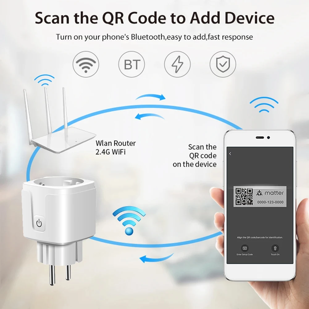 Matter WiFi Smart Socket 16A EU Home Appliance Outlet Mini Smart Plug Adapter APP Control Works with HomeKit Siri Alexa Google