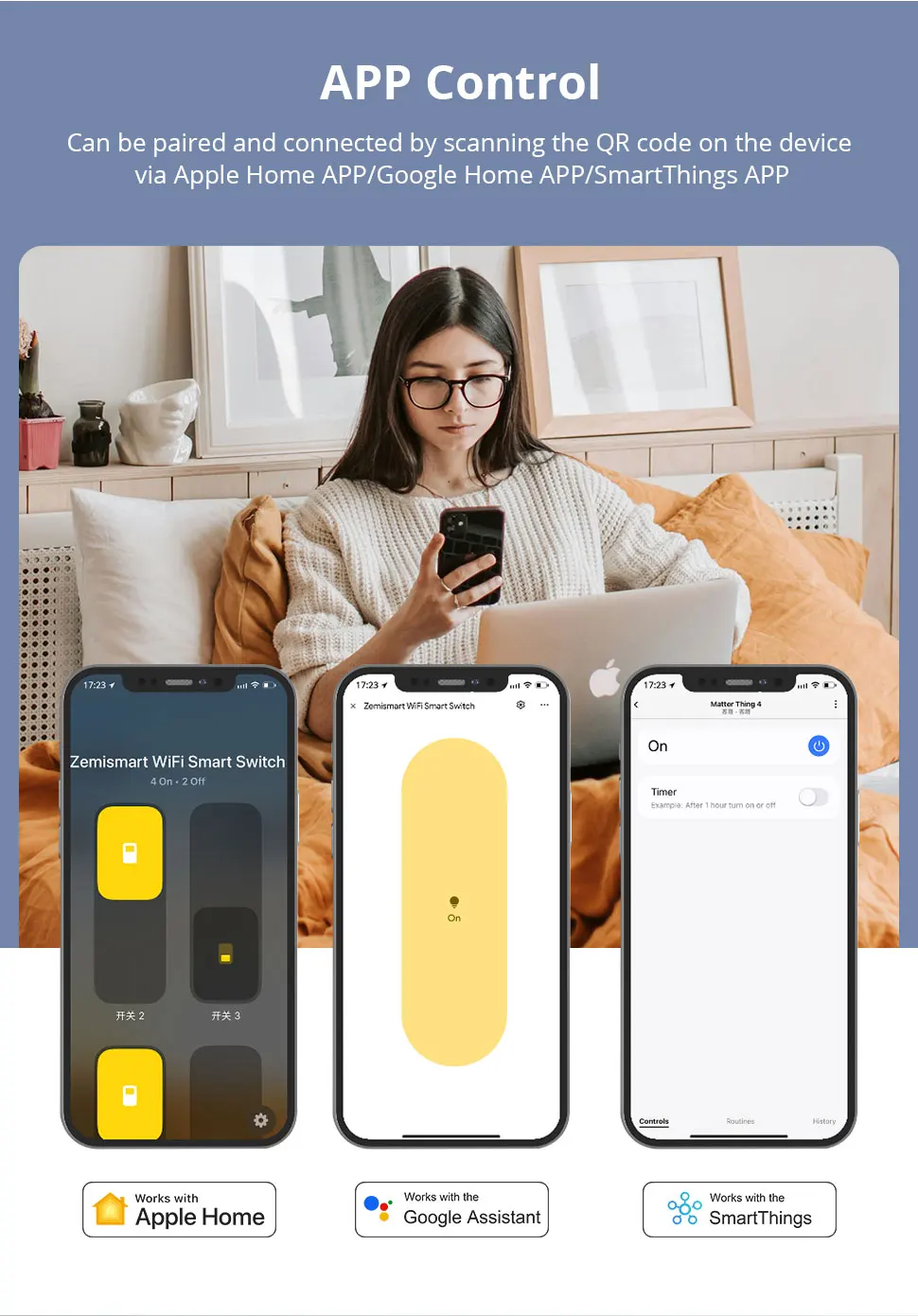 Zemismart Matter WiFi 1 2 3 4 6 Gangs Smart Wall Light Switch Neutral Required with Big Button SmartThings App Homekit Control