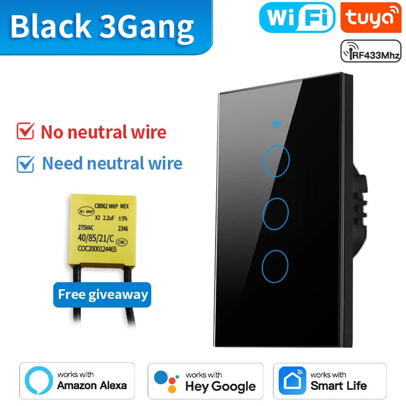 TNCE Tuya US Switch wifi zigbee,rf433 switches, No-Neutral/Wire LED light control Wall Button,smart voice with Alexa Google Home