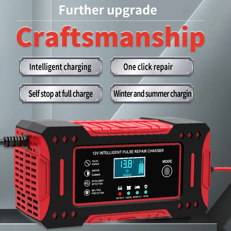6A 12V Intelligent Car Battery Charger Car and Motorcycle Battery Charging Unit Lead-Acid Battery Repair LCD Display