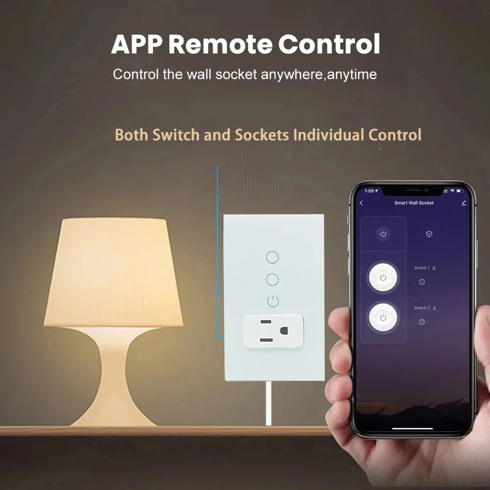 Wifi Smart Tuya Light Switch Stairs Mexico US Wall Socket American Plug Outlet Intelligent Glass Panel Remote Alexa Google Home