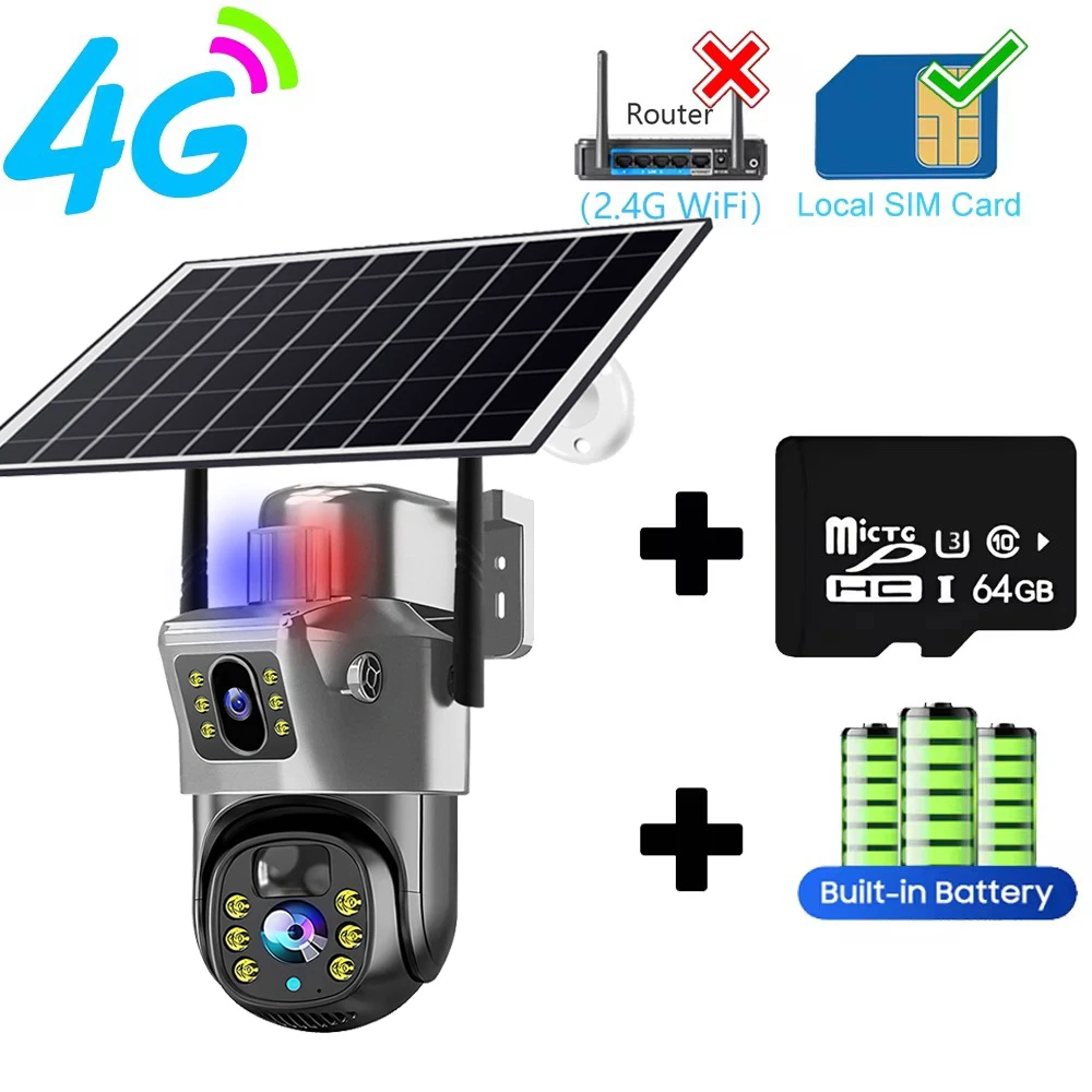 4G Solar Camera 2 Lens CCTV Camera 4K 8MP HD Night Vsion Wirless WiFi Camera Outdoor Security Protection Smart Home IP Cameras