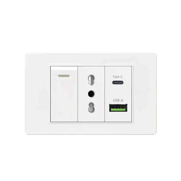 Italy Chile  Standard Outlet with USB Smart Type-c 20W Fast Charging, Dual USB Wall Socket Chile Plug Plastic Panel Light Switch