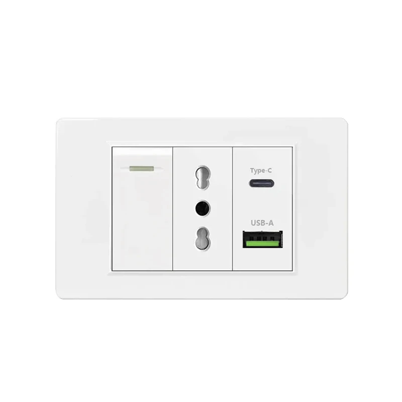 Italy Chile  Standard Outlet with USB Smart Type-c 20W Fast Charging, Dual USB Wall Socket Chile Plug Plastic Panel Light Switch