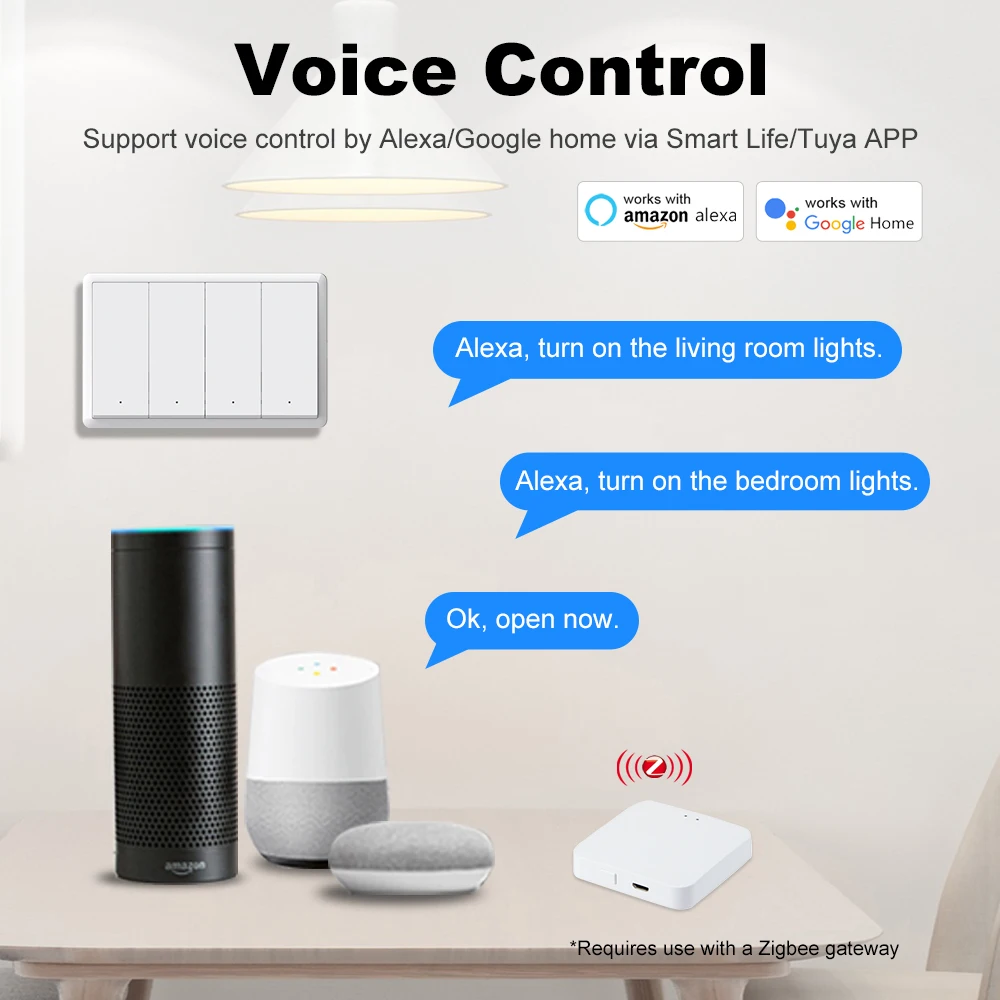 Tuya Smart zigbee Switch No Neutral Wire Required No Capacitor Wall Button Light Switches Work With Alexa Google Home