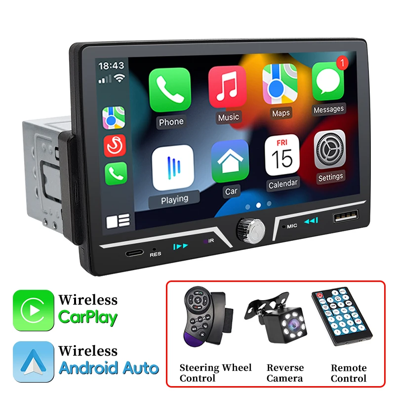 Hippcron Car Radio 1 Din Wireless Android Auto Carplay MP5 Stereo 7" IPS Screen Bluetooth Mirror Link Type-C Charging Universal