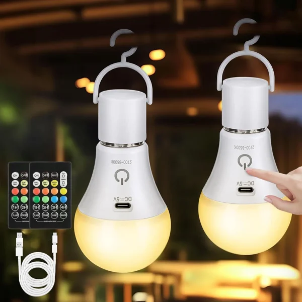 Rechargeable Light Bulb with Remote Control Dim & RGB, Timer, E27 Base,Backup Emergency Light for Home or Outdoor
