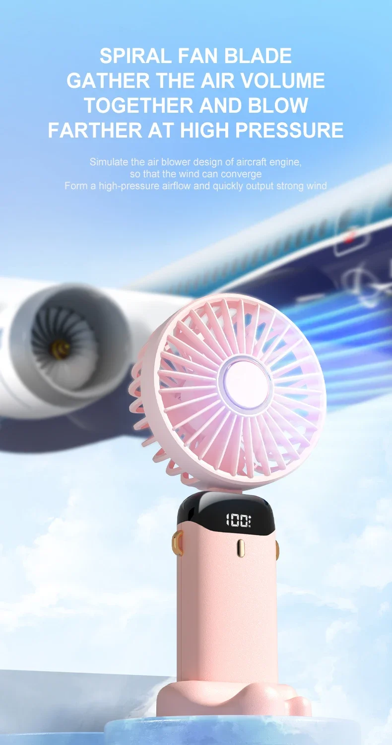 3000mAh Handheld Mini Fan Foldable Portable Neck Hanging Fans 5 Speed USB Rechargeable Fan with Phone Stand and Display Screen