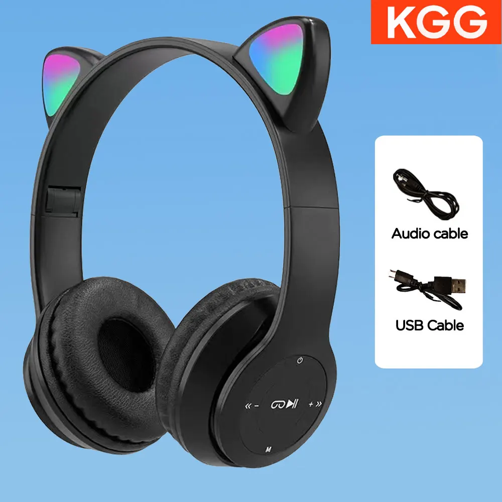 Cat Ears Headphones Flash Light Wireless With MIC Control LED Kid Girl Stereo Cute Music Helmet Bluetooth Phone Headset Earphone
